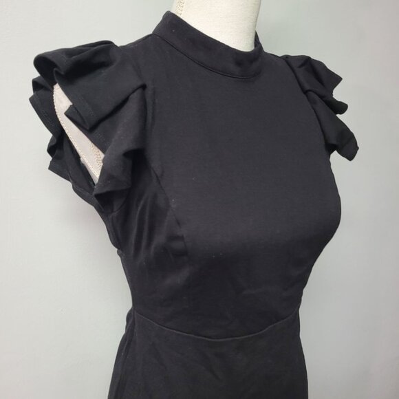 Lulus Black Dress Open Back Fitted Zip Back Ruffle Cap Sleeve Womens Medium - Picture 2 of 12